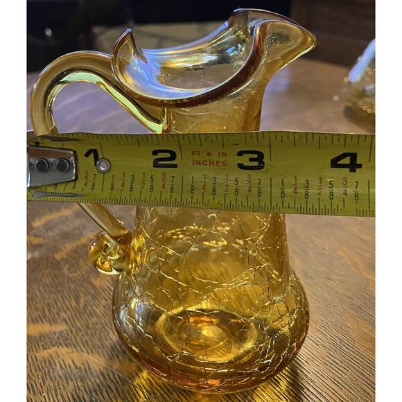 Vintage Amber Crackle Glass Ruffle Top Handled Pitcher Vase Hand-blown MCM - Picture 6 of 6